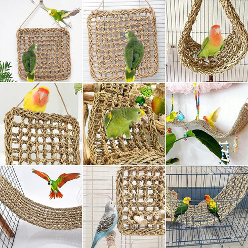 SMICEM 2Pcs 2 Sizes29.53x6.89 &7.48x7.48 Inches Natural Sea Grass Parrot Mat - Foraging Chew Wall Toy with Climbing