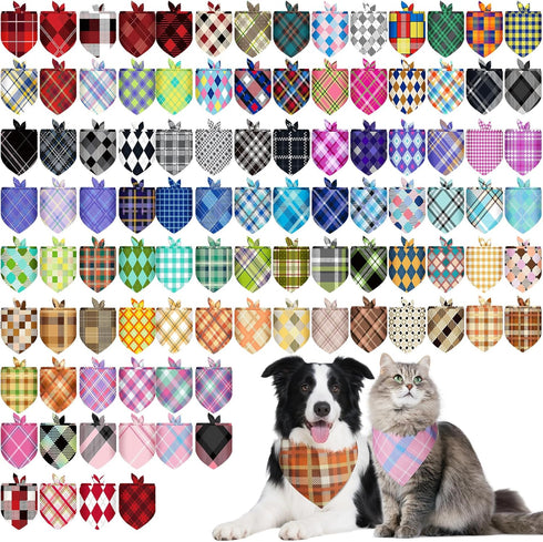 PAWCHIE 100 Pcs Dog Bandanas Bulk Pet Bibs Plaid Print Colorful Triangle