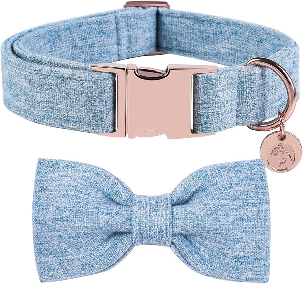 DOGWONG Hemp Cotton Dog Collar - Blue Adjustable Pet Collar with Bow for Medium Dogs