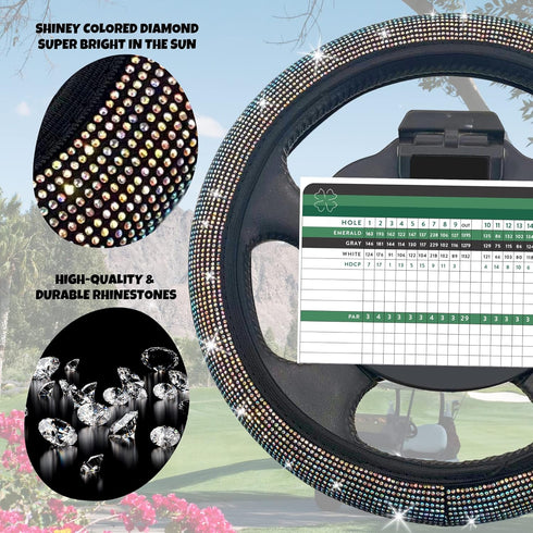 Universal Colorful Bling Crystal Rhinestones Golf Cart Steering Wheel Cover, Anti Slip, Great Gifts