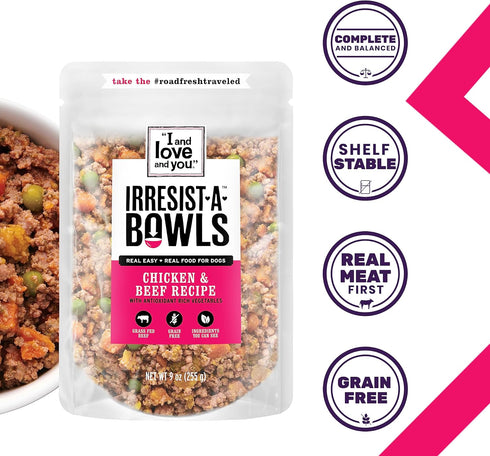 I AND LOVE AND YOU Irresist-a-Bowls Freeze Dried Dog Food - Chicken + Duck - Prebiotics, Grain Free, Filler Free, Meal Enchancer, 9oz Pouch, 4pk