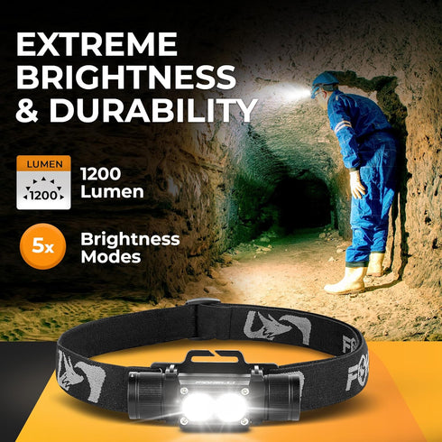 Foxelli Ultra Bright Rechargeable Headlamp - 1200 Lumen LED Light, IPX7 Waterproof, with Battery & Hooks
