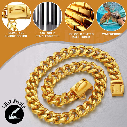 Gold Chain Dog Collar - 15mm Cuban Link with Secure Snap Buckle, 18K Gold Plated Stainless Steel, Includes Dog Tag &