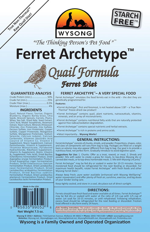 Wysong Ferret Archetype Quail Formula - Raw Ferret Food 7.5 Ounce Bag 858053