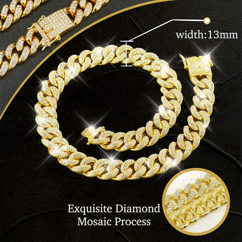 Gold Crystal Cuban Link Dog Collar, Metal Chain Necklace with Secure Buckle for Small Medium Large Dogs Cats (14 inch)