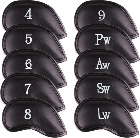 Premium Magnetic Leather Golf Club Head Covers - Set of 10, Fits Most Clubs, Embroidered Club Label