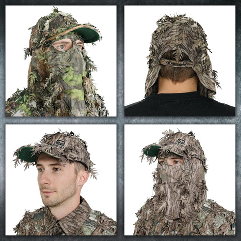Mossy Oak & Realtree 2-in-1 3D Leafy Face Mask Camo Hats for Hunting - Adjustable, One Size