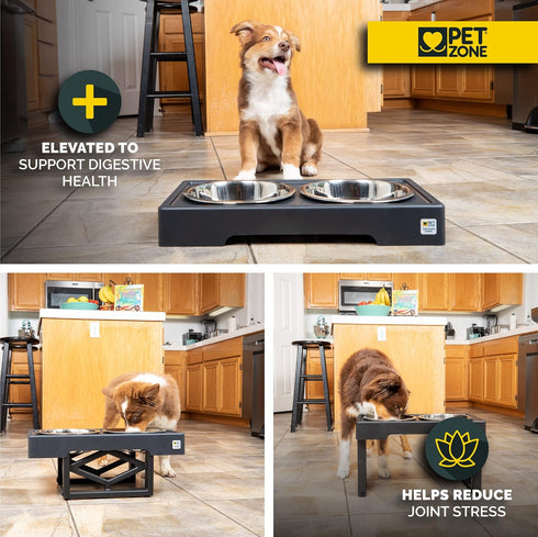 Pet Zone Elevated Dog Bowls Designer Diner 3 Height Adjustable Raised Dog Bowl Stand with 2 Stainless Steel Dog Bowls (7 Cup Capacity Each)