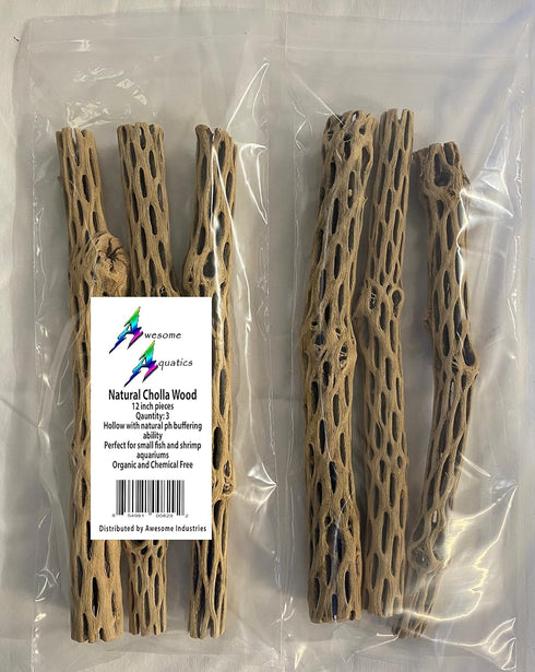 Awesome Aquatic Natural Cholla Wood, 3 Pieces 12” for Shrimp Habitat, Food Treat, Aquarium Decoration