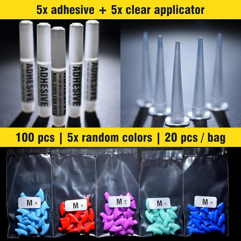 zetpo Cat Nail Caps, Cat Claw Covers with Adhesives and Applicators (M, 5X Solid Random Colors | 100 pcs)