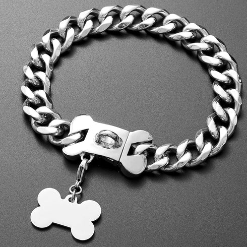 Silver Chain Dog Collar, 19mm Stainless Steel Cuban Link with Secure Snap Buckle for Small Medium Pitbull (19MM, 22")