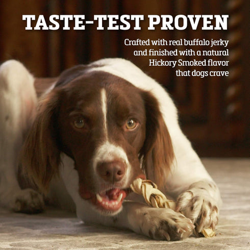 Rawhide Dog Treats | Healthy, Grass-Fed Buffalo Jerky Raw Hide Chews | Hickory Smoked Flavor | Jerky Braids, 10 Count