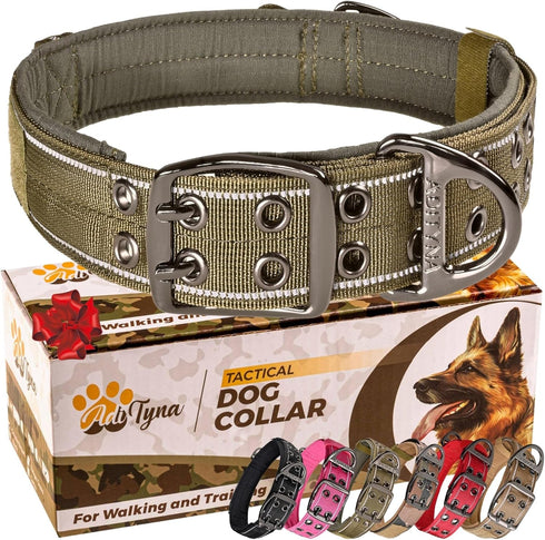 ADITYNA Heavy Duty Dog Collar with Handle - Reflective Green Collar for Large Dogs, Tactical, Soft Padded