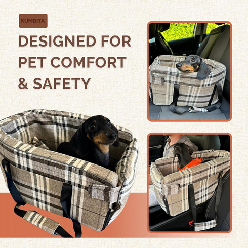 Kumdita' Center Console Car Seat & Carrier for Small Dogs & Cats with Dual Over-Seat Straps, Sewn-in Safety Leash & PE