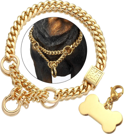 Jewelry Kingdom Gold Dog Martingale Collar Metal Chain with Design Secure Buckle Dog Tag, 18K Cuban Link 15MM (Strong