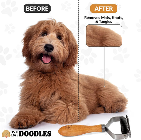 Pet Dematting Comb for Dogs and Cats - Wooden Handle Deshedding Rake for All Hair Types