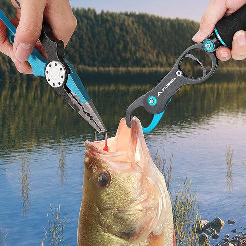 FLISSA Fishing Tool Kit - Fish Gripper, Scale, Scissors, Knife, Pliers & Hook Remover with Safety Lanyard