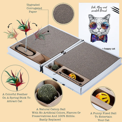 All-in-One Cat Scratcher Pad and Play Area, Foldable Book-Shaped Cardboard with 2 Reversible Scratch Pads