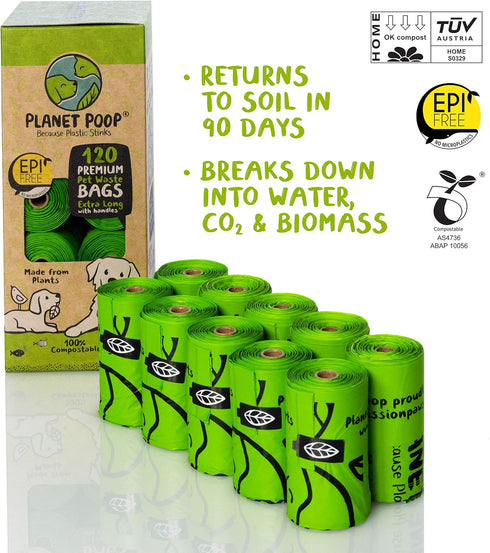 PLANET POOP Home Compostable Dog Poop Bags, 120 Un-Scented Extra-long Pet Waste Bags, Plastic Free, Leakproof