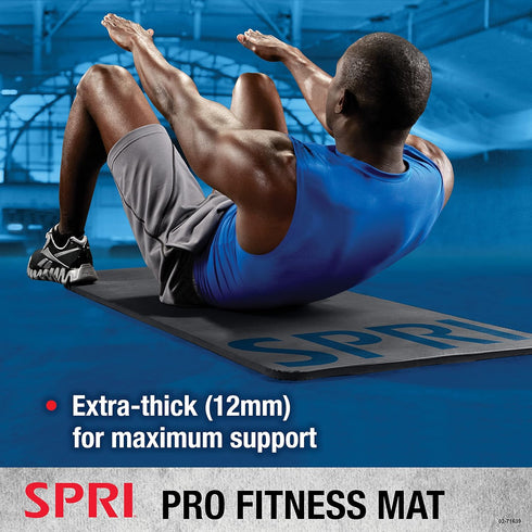 SPRI 12mm Pro Fitness Mat - Thick Exercise Mat for Floor Workouts, Non-Slip, Cushioned, Portable with Carrying Strap