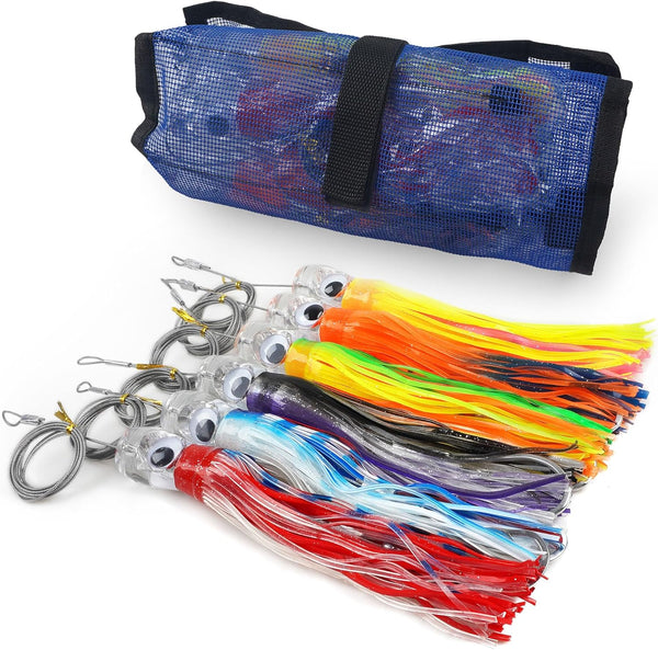 6PCS Saltwater Trolling Lures,6inch/9inch Soft Squid Skirts Lure for Marlin Tuna Mahi