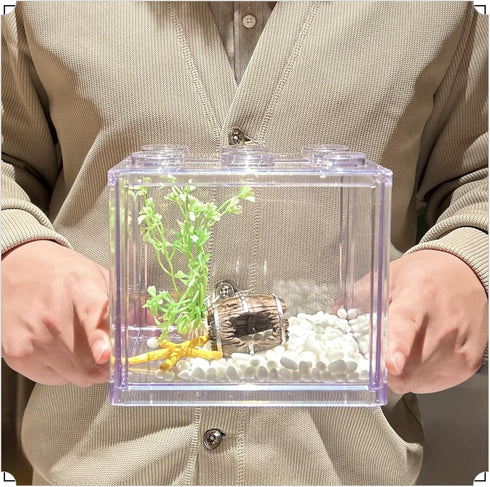 Small 0.6 Gallon Betta Fish Tank Kit, Stackable Mini Aquarium with Gravel & Resin Decorations, Clear Desktop Fishbowl