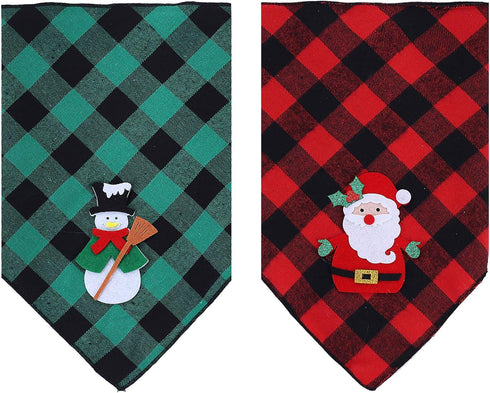 2 Pack Christmas Dog Plaid Bandana with Santa and Snowman Appliques Holiday Scarf for Pet Dog Puppy