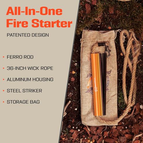 Fire Starter Survival Tool - All-in-One Flint and Steel Kit with Ferro Rod, Waterproof Tinder Wick Rope, Steel Fire
