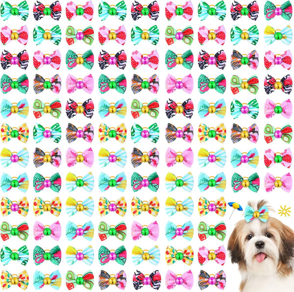 100 Pack Summer Spring Dog Hair Bows - Cute Puppy Bows with Rubber Bands for Small Girl Dogs