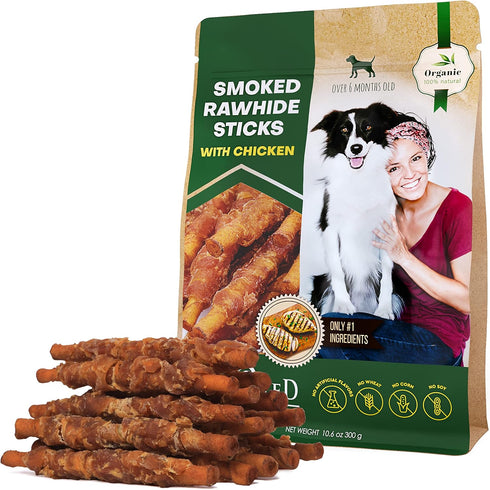 Dog Smoked Rawhide Sticks Wrapped Chicken & Natural Chew Treats - Grain Free Healthy Snacks for Small & Large Dogs