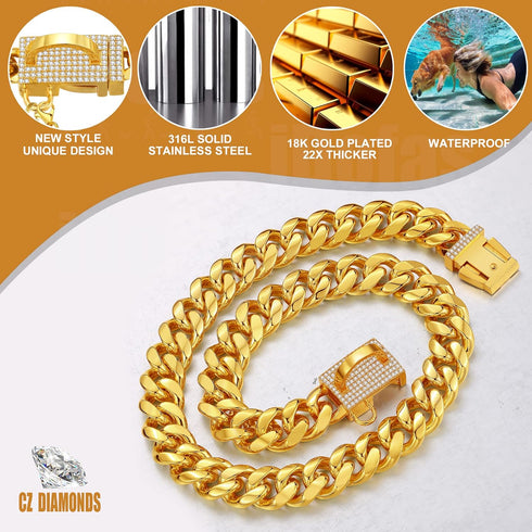 Dog Chain Collars Gold Dog Collar 10mm Cuban Link with CZ Diamond Buckle Bling for Puppy Small Medium Large Dogs (24")