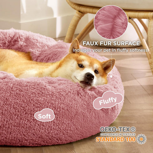 Bedsure Calming Dog Bed for Medium Dogs - Anti-Slip Round Fluffy Plush Bed, 30 inches, Fits up to 45 lbs Pets, Mauve