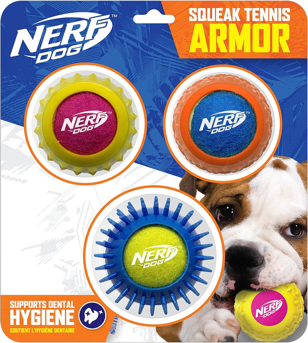 Nerf Dog 2.5in Squeak Armor Tennis Ball Dog Toys 3-Pack - Yellow/Pink, Orange/Blue, Blue/Green
