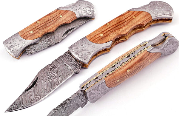 Handmade Damascus Steel Blade Pocket Knife with Leather Sheath 5170 (Olive) - Best Gift for Men