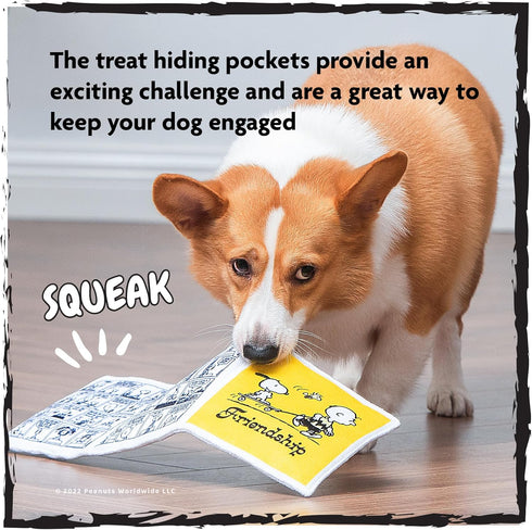 Interactive Crinkle Friendship Comic Book Toy with Squeakers and Treat Pockets, Snuffle Mat Dog Toy