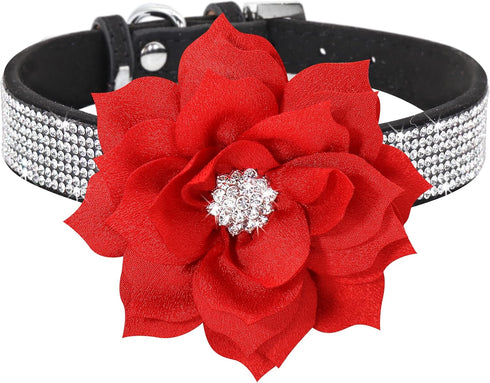 Pet Artist Cute Girl Rhinestone Suede Dog Collar, Soft Flower Bling Collar for Small Dogs Cats, Black Collar, S: Neck