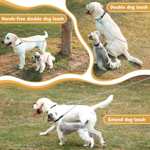 PETTOM 2 Way Dog Lead, Metal Chain Double Pet Clip Leash Coupler, 360° Swivel, No Tangle, S 3.0mm*50cm, Silver