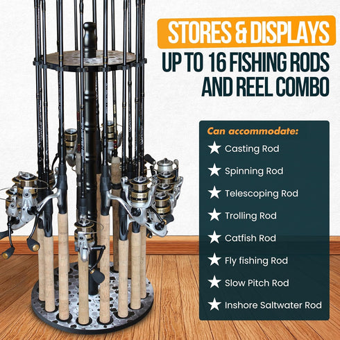 Rush Creek Creations Round Spinning Fishing Rod Holder for 16 Poles, Fishing Gear and Accessories, Rod Rack