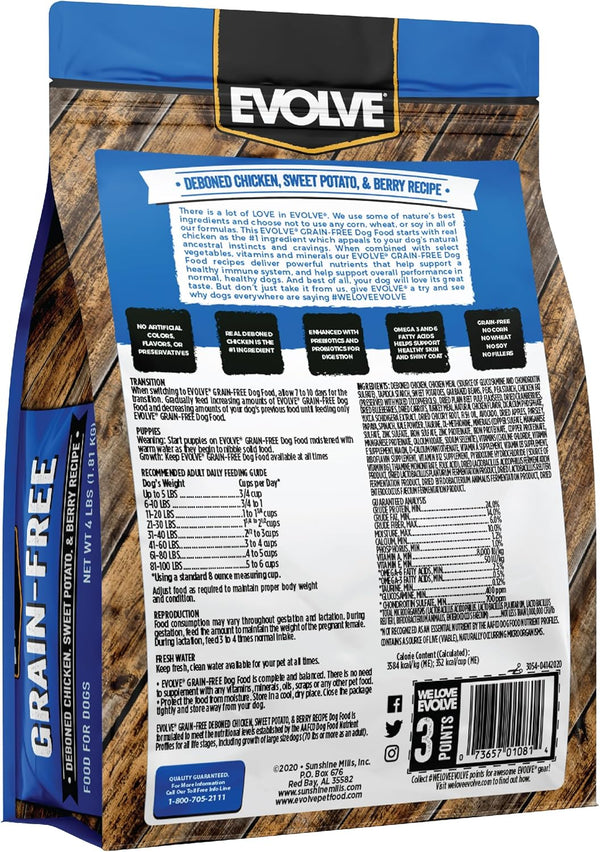 Evolve Grain Free Dry Dog Food - Deboned Chicken, Sweet Potato & Berry Recipe, 4lb