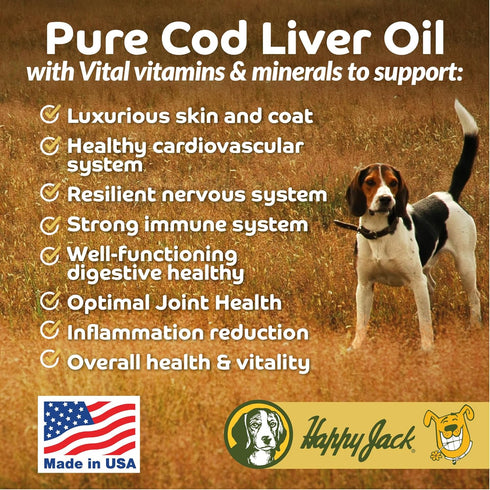 Happy Jack Cod Liver Fish Oil for Dogs Skin and Coat Supplement, Brain, Eyes, Bones, Hip, Joint, Heart & Immune System Health, Energy Booster (16 oz), Omega 3 with EPA & DHA, Vitamin A & D
