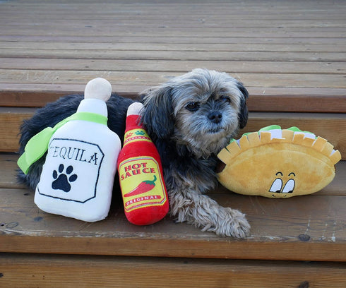 4 Pack Fiesta Dog Chew Toys and Sombrero - Mexican Squeak Plush Toys for Chihuahuas - Taco, Tequila, Hot Sauce