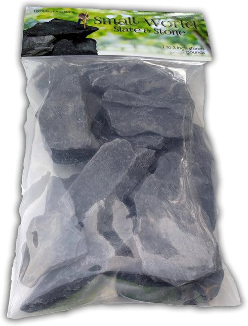Natural Slate Stone 1 to 3 Inches - Packaged for Aquascaping, Terrariums, Reptile Enclosures, 2lbs Grey