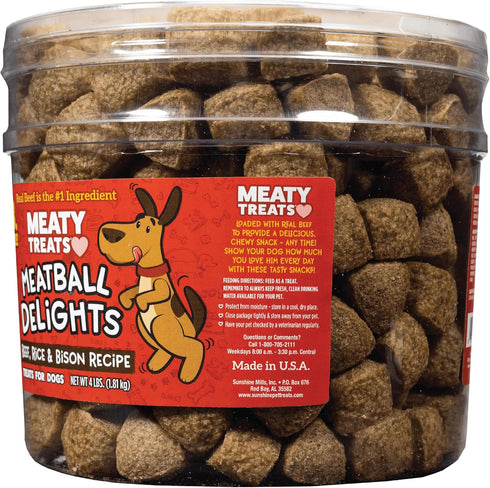 4 lb Meaty Treats Meatball Delights Beef, Rice, and Bison Recipe Meatballs Dog Treats, Tub