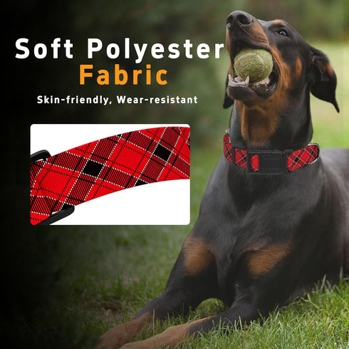 Dog Collar, Adjustable Soft Plaid Pet Collar with Safety Buckle for Small Medium Large Dogs, Classical Boys Girls (Red