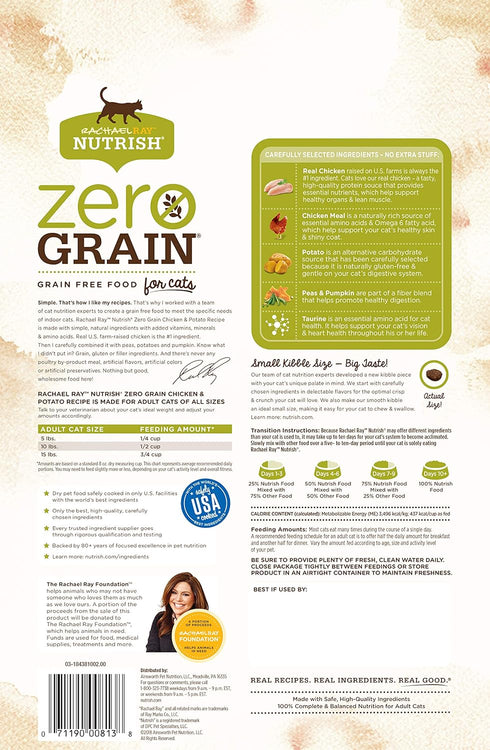 Rachael Ray Nutrish Zero Grain Natural Dry Cat Food, Chicken & Potato Recipe, 3 Pounds, Grain Free