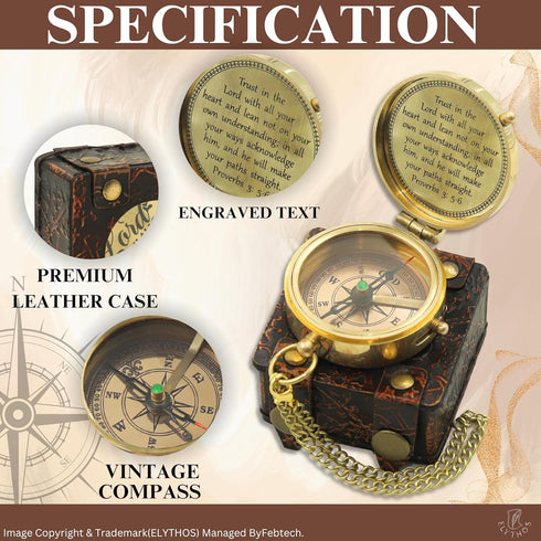 Handmade Brass Antique Compass with Leather Case Vintage Finish Functional Pocket Navigation Tool for Travel, Hiking
