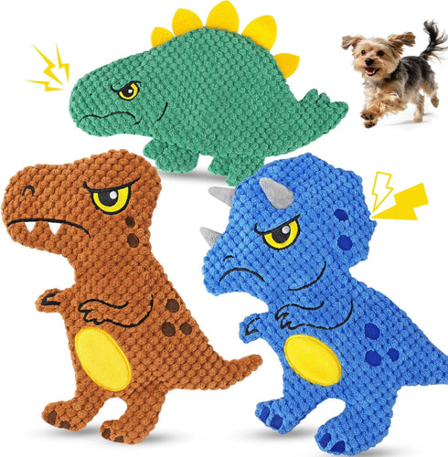 KIPRITII Dinosaur No-Stuffing Dog Squeaky Toys to Keep Dogs Busy, 3-Pack Puppy