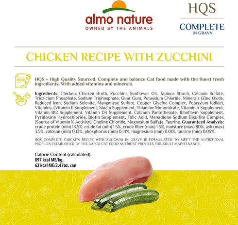 almo nature HQS Complete Chicken Recipe with Zucchini in Gravy Wet Cat Food, 70 g / 2.47 oz x 24, Blue