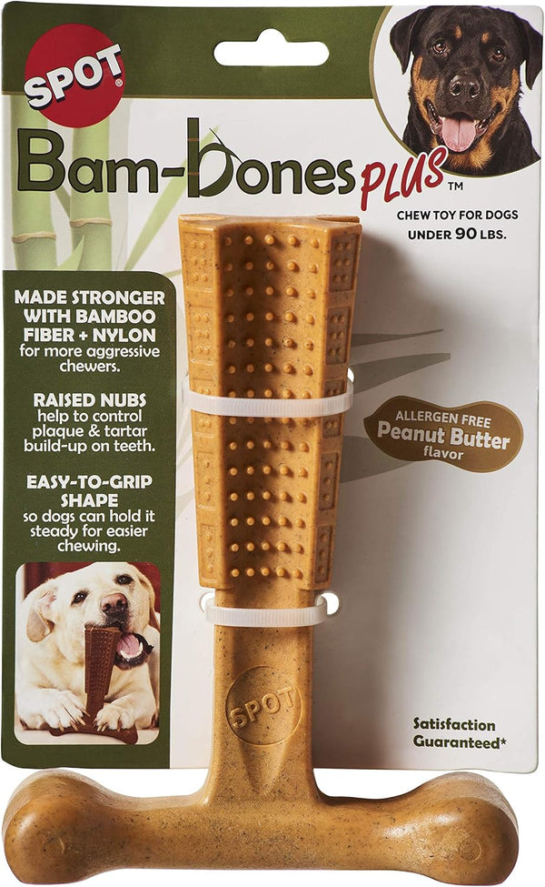 SPOT Bam-bones PLUS T Bone - Durable Dog Chew for Aggressive Chewers, Bamboo Fiber & Nylon, 7in, Peanut Butter Flavor