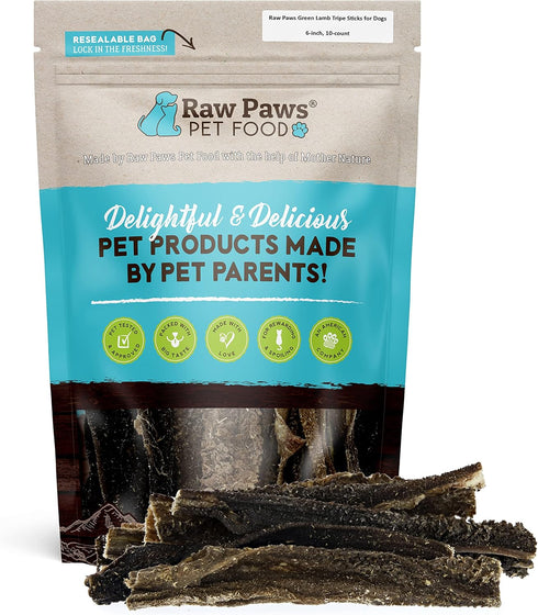 Raw Paws Green Lamb Tripe Sticks for Dogs, 10-Count, Crunchy All Natural Dog Treats, Single Ingredient, Grass-Fed &